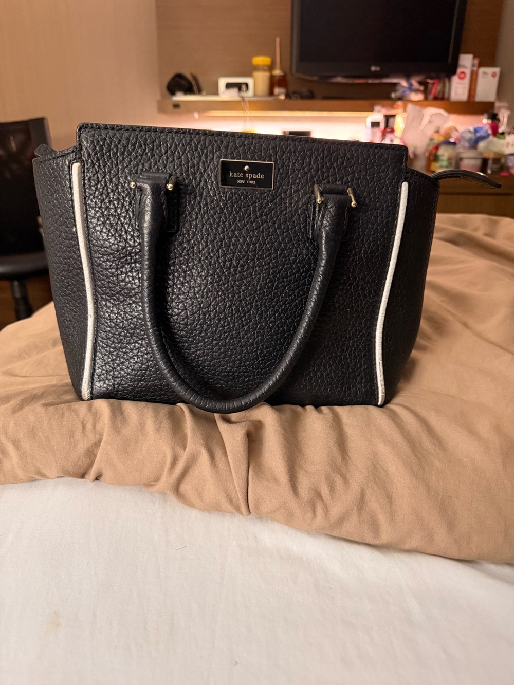 kate spade Black Pebbled Leather Crossbody Satchel with White Trim